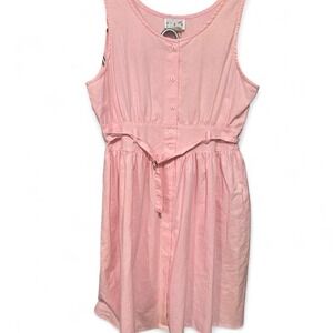 Pink cotton button-up dress with belt‎ retro 80s style runs like m/l (L6) 20"
